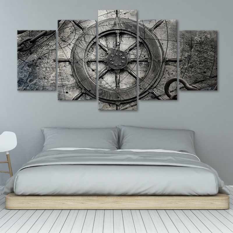 Vintage Ship Steering Wheel Old Map 5 piece canvas art