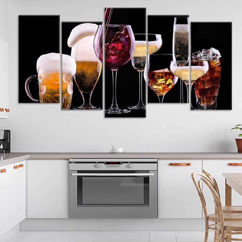 Oak Barrel Beer Dispenser Wine Glass Drink Liquor 5 Panel Canvas Print Wall  Art