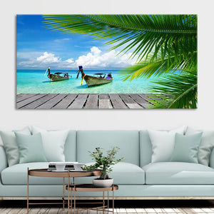 Boats At Tropical Beach Dock Wall Art Canvas-Stunning Canvas Prints