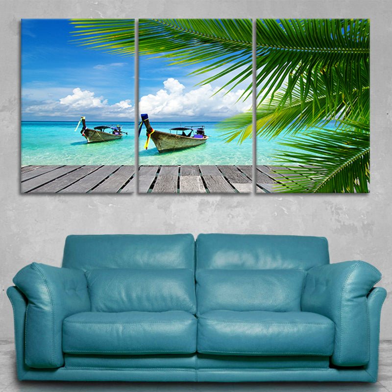 Boats At Tropical Beach Dock Wall Art Canvas-Stunning Canvas Prints