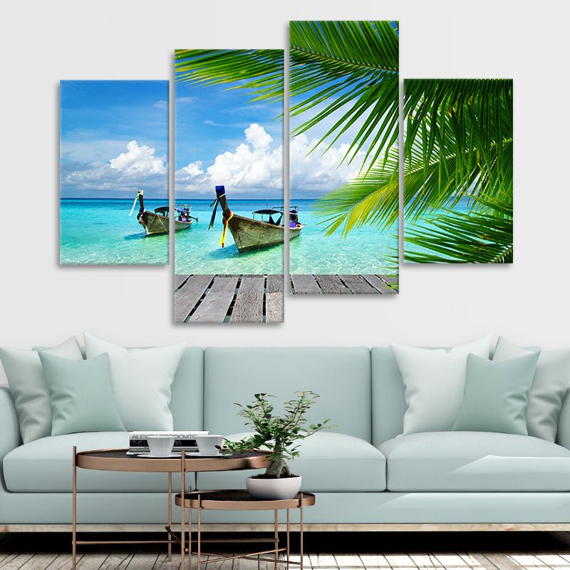 Boats At Tropical Beach Dock Wall Art Canvas-Stunning Canvas Prints