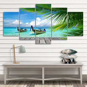 Boats At Tropical Beach Dock Wall Art Canvas-Stunning Canvas Prints