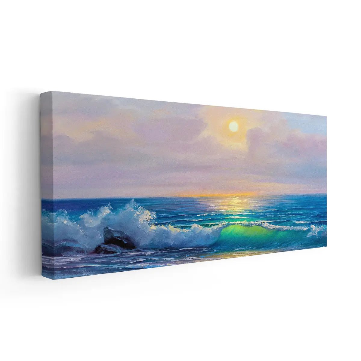 Vibrant large beach wall art showcasing a golden sunset over ocean waves, perfect for coastal home decor